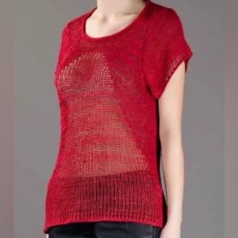 Helmut Lang Red Knit Short Sleeve Sweater Top